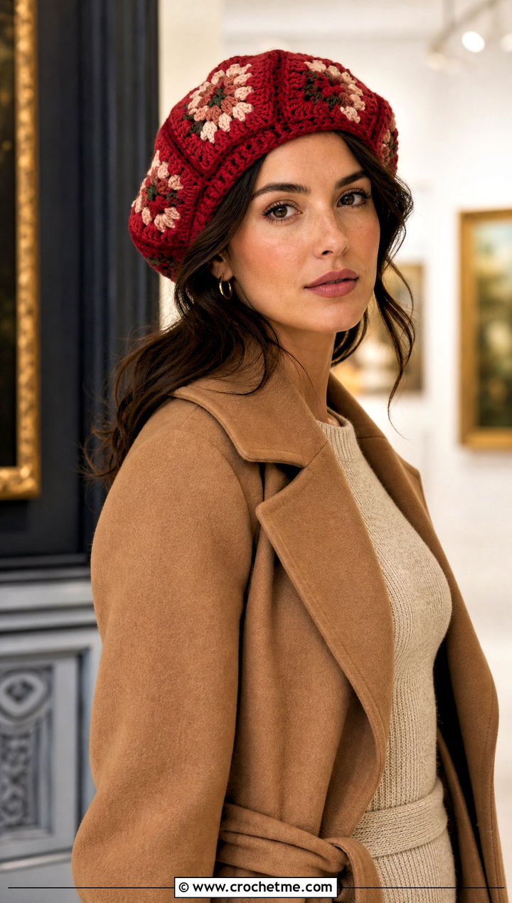 Granny Square Beret Hat With Sweater Dress - 25 Easy Crochet Granny Square Hats outfit ideas