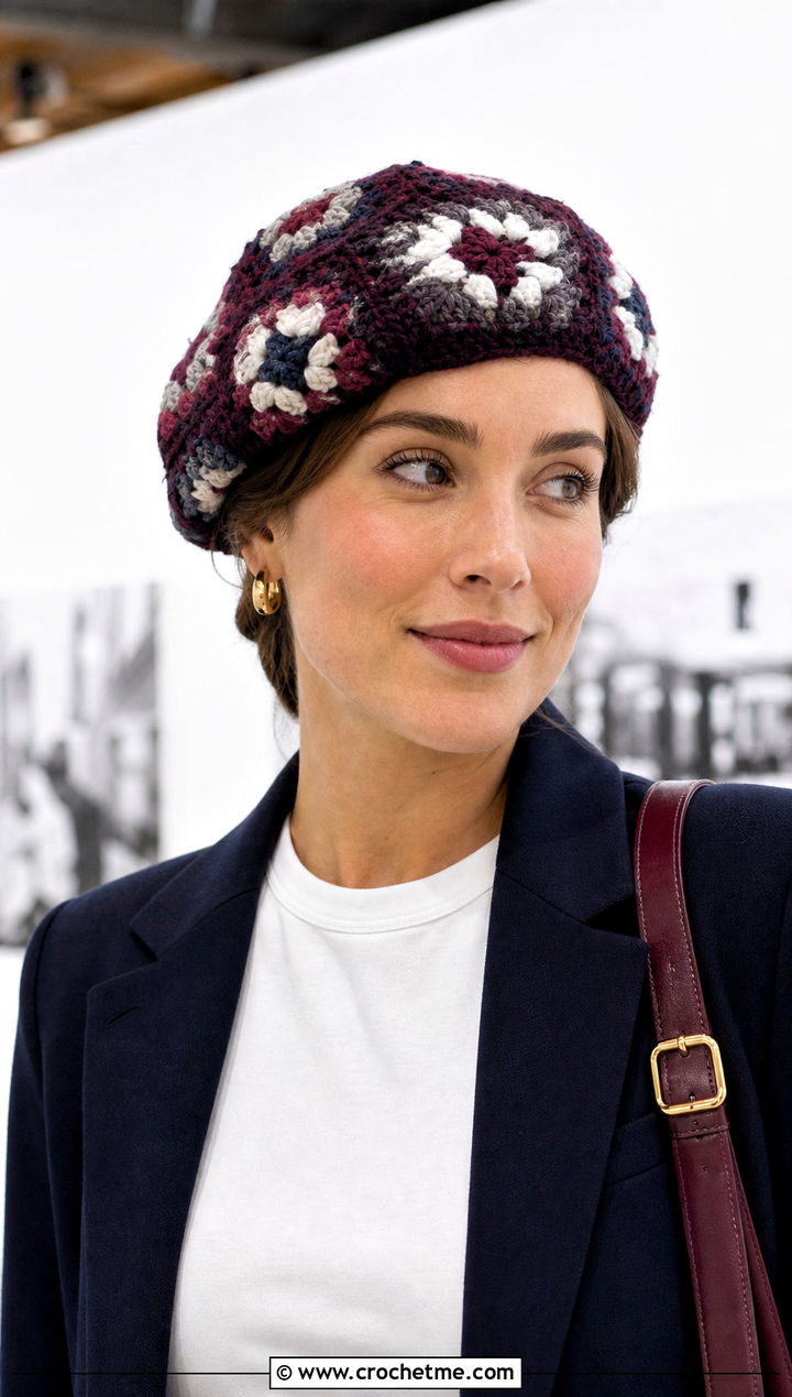 Granny Square Beret With Blazer And Jeans - 30 crochet granny hat outfit ideas