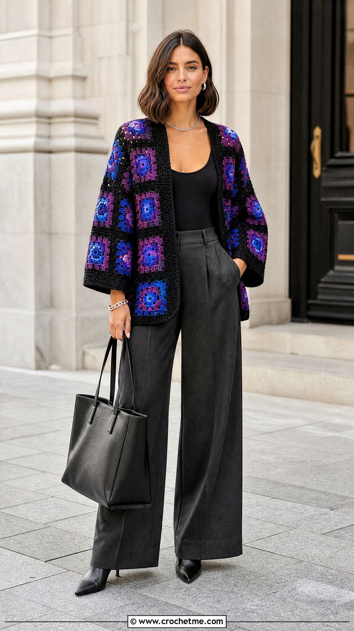 Granny Square Black Crochet Cardigan With Wide Leg Trousers - 35 black crochet cardigan outfit ideas