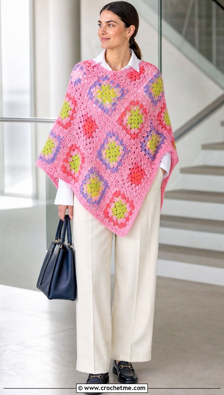 Granny Square Blanket Crochet Poncho With Wide Leg Trousers - 15 Blanket Crochet Poncho outfit ideas