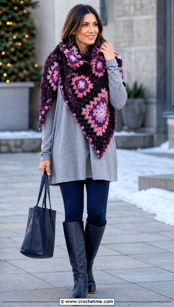 Granny Square Blanket Scarf With Leggings And Boots - 35 granny crochet scarf outfit ideas