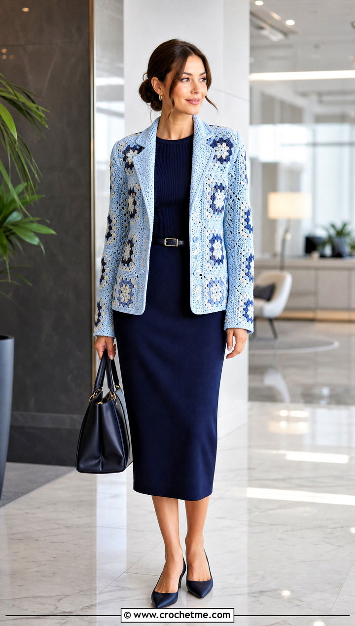 Granny Square Blazer Jacket With Pencil Skirt - 30 granny square jackets outfit ideas