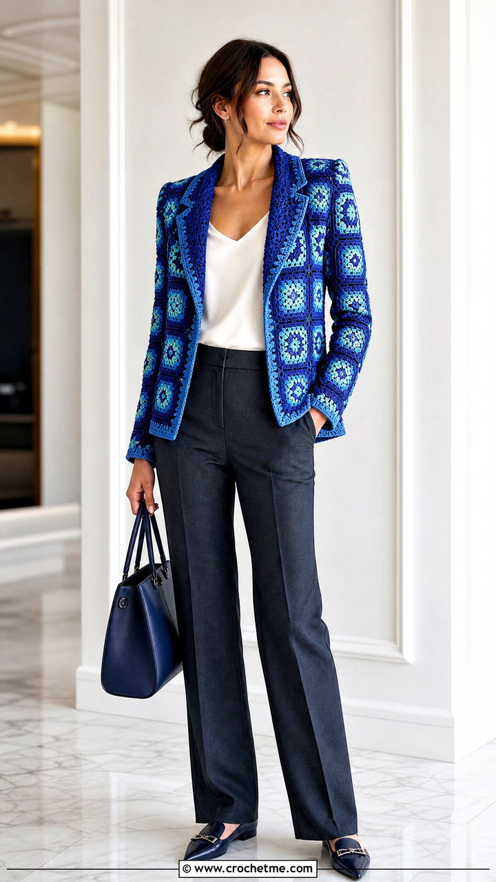 Granny Square Blazer Jacket With Tailored Trousers - 35 granny square jacket outfit ideas