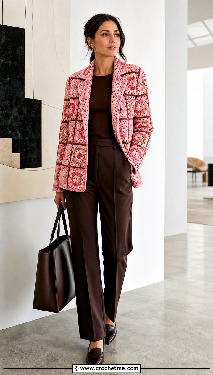 Granny Square Blazer With Monochrome Basics - 25 Crochet Clothes With Granny Squares outfit ideas