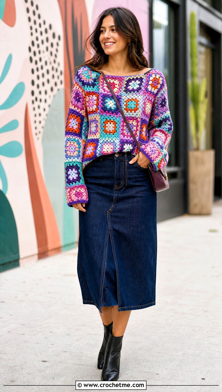 Granny Square Boat Neck Crochet Sweater With Denim Skirt - 15 boat neck crochet sweater outfit ideas