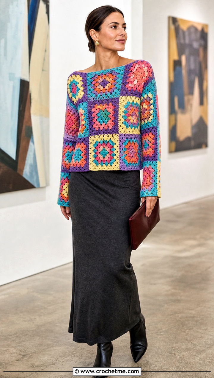 Granny Square Boatneck Crochet Sweater With Column Skirt - 25 Boatneck Crochet Sweater outfit ideas