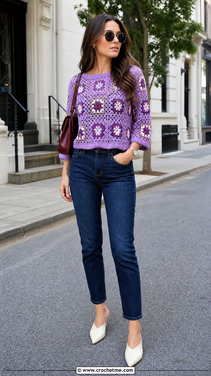 Granny Square Boatneck Top With Cigarette Jeans - 35 crochet granny square tops outfit ideas