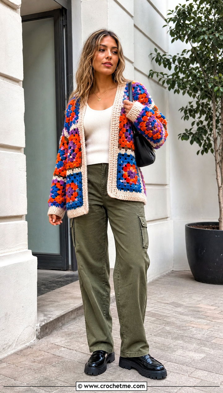 Granny Square Bobble Cardigan With Cargo Pants - 25 Crochet Bobble Cardigan outfit ideas