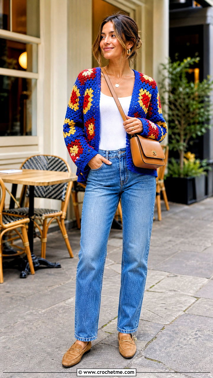 Granny Square Boho Crochet Cardigan With Straight Leg Jeans - 35 Boho Crochet Cardigan outfit ideas