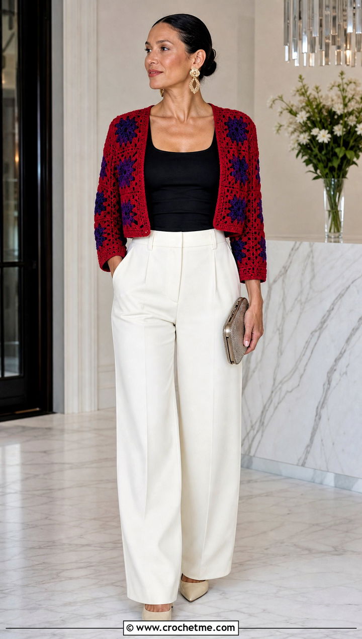 Granny Square Bolero Cardigan With High Rise Trousers - 30 cardigan with granny square outfit ideas