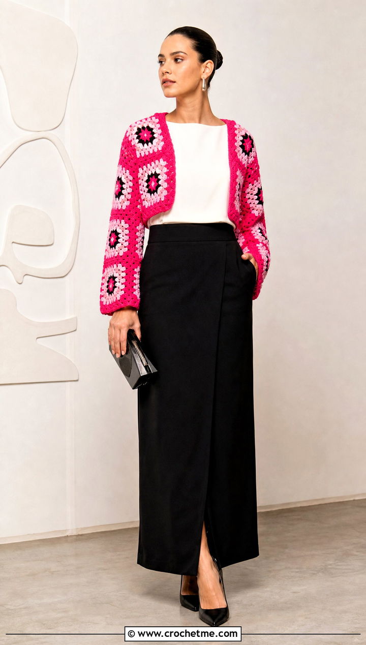 Granny Square Bolero Cardigan With Tailored Maxi Skirt - 35 granny square crochet cardigan jacket outfit ideas