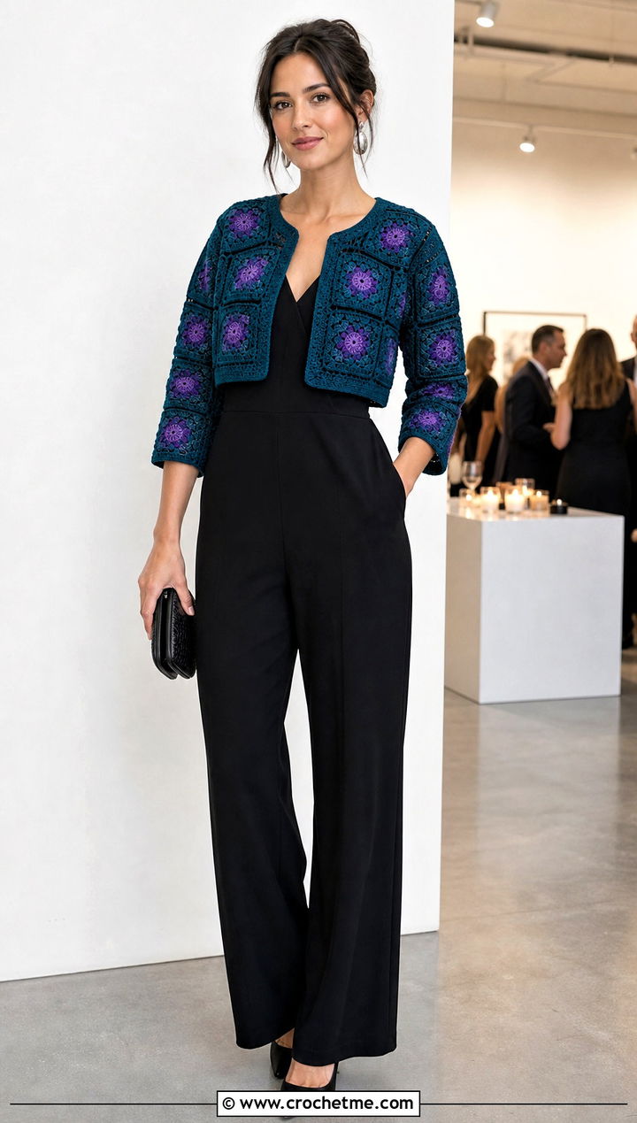 Granny Square Bolero Jacket With Jumpsuit - 30 granny square jackets outfit ideas