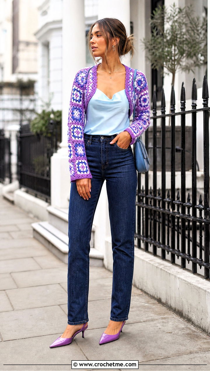 Granny Square Bolero With Satin Camisole And Jeans - 35 granny square clothing and outfit ideas