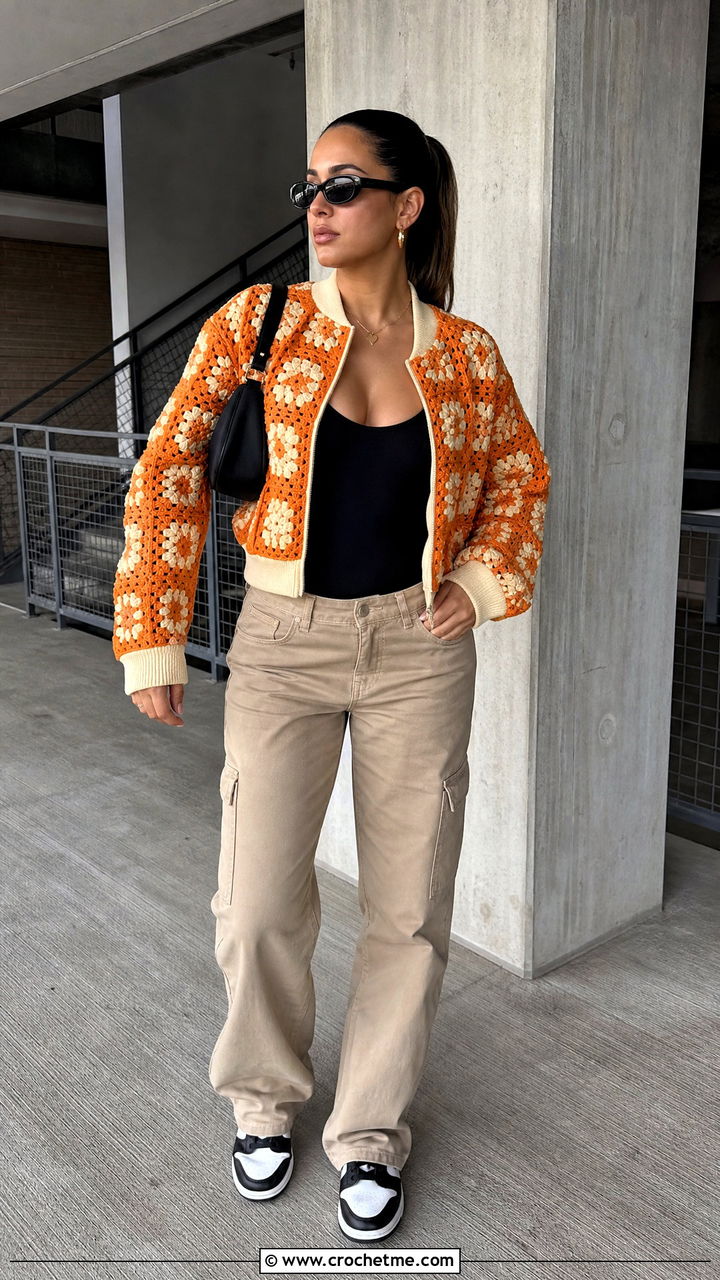 Granny Square Bomber Jacket With Cargo Pants - 35 granny square jacket outfit ideas