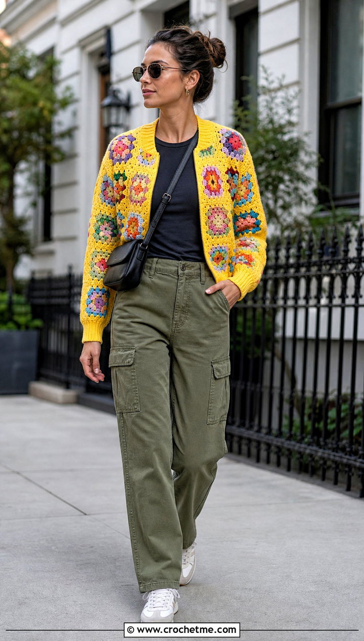 Granny Square Bomber Jacket With Cargo Pants - 30 crochet granny square jacket outfit ideas
