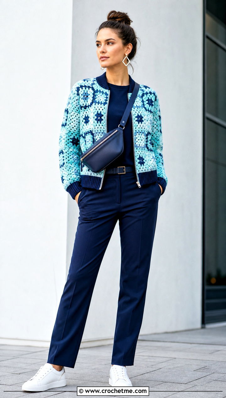 Granny Square Bomber Jacket With Monochrome Basics - 30 granny squares clothes and outfit ideas