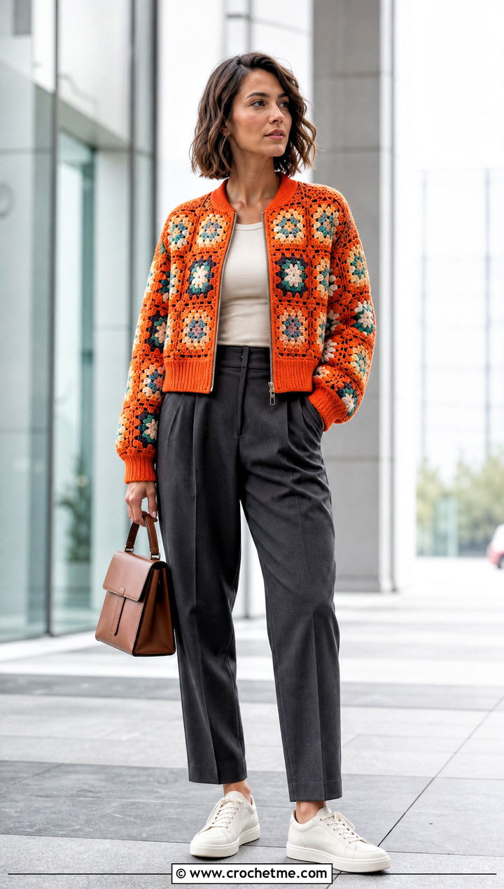 Granny Square Bomber Jacket With Tailored Trousers - 30 granny square jackets outfit ideas