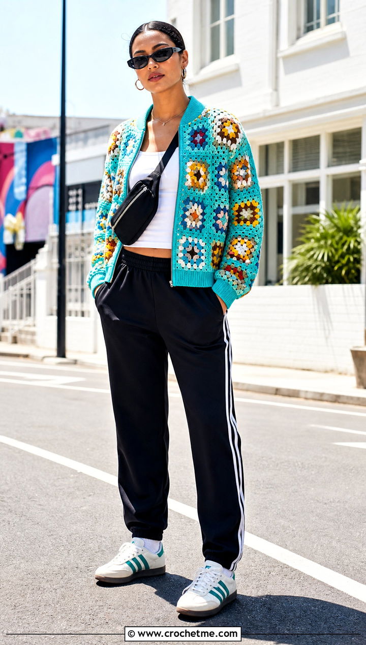 Granny Square Bomber Jacket With Track Pants - 35 Granny Square Clothing Ideas