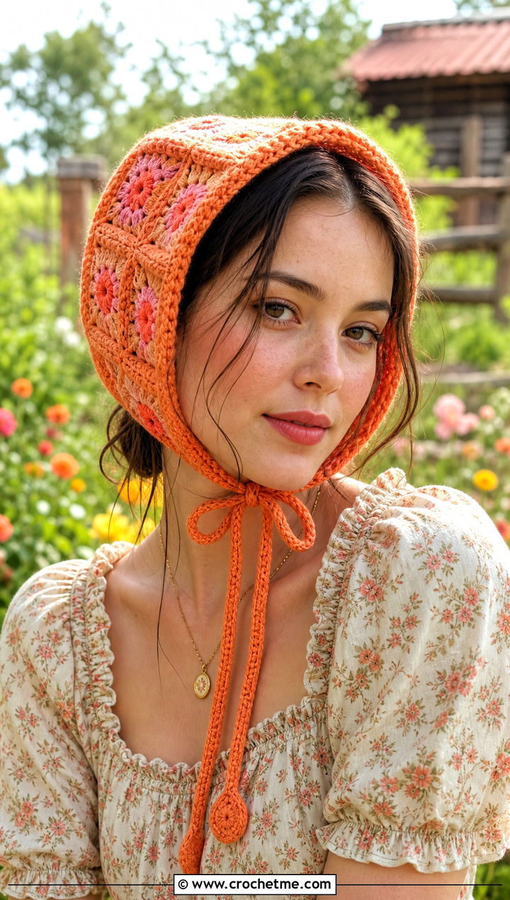 Granny Square Bonnet Hat With Prairie Dress - 25 Easy Crochet Granny Square Hats outfit ideas
