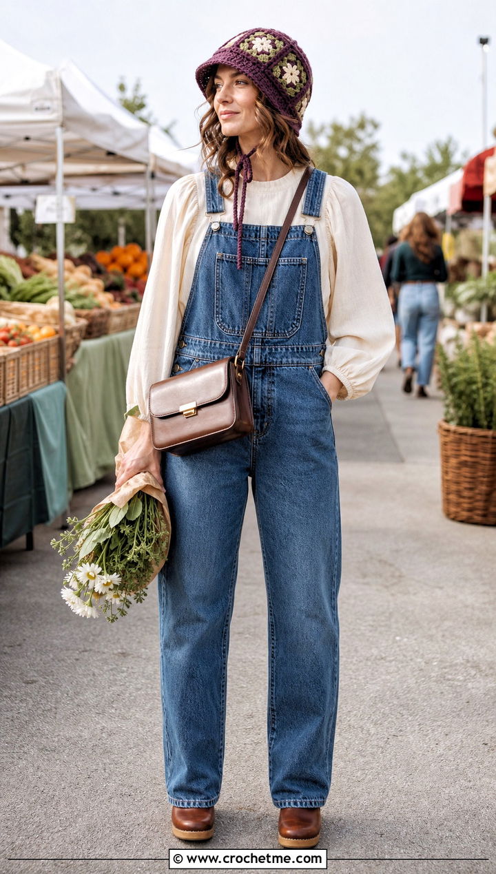 Granny Square Bonnet With Blouse And Denim Overalls - 35 granny square hats outfit ideas
