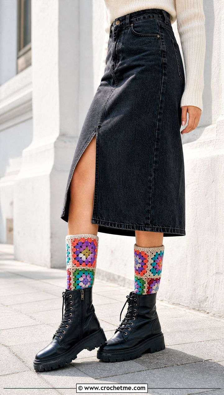 Granny Square Boot Crochet Wool Socks With Denim Skirt - 30 Crochet Wool Socks outfit ideas