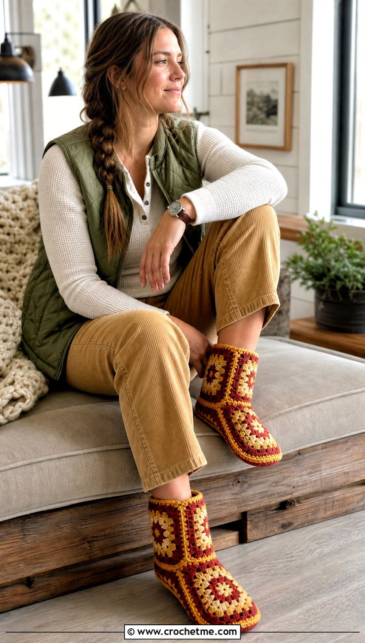 Granny Square Bootie Slippers With Corduroy Pants - 25 Crochet Granny Square Slippers outfit ideas