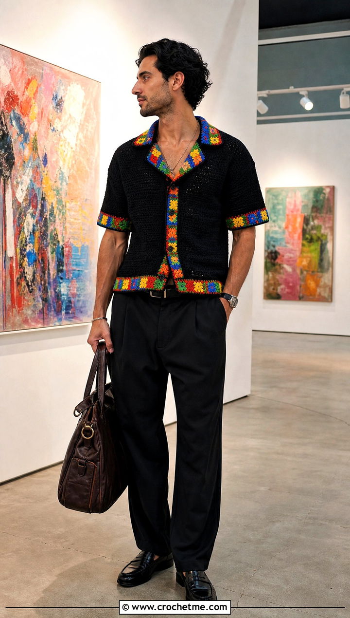 Granny Square Border Crochet Shirt With Black Suit Pants - 35 men's crochet shirt outfit ideas