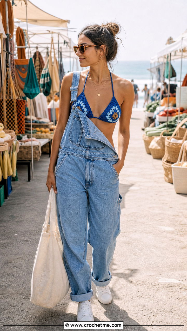 Granny Square Bralette Bikini With Denim Overalls - 25 Granny Square Bathing Suit outfit ideas