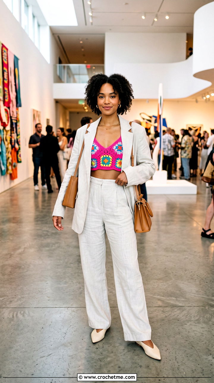 Granny Square Bralette With Oversized Summer Suit - 30 crochet summer tops granny squares outfit ideas