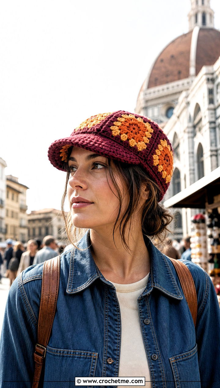Granny Square Brimmed Beanie With Denim Dress - 25 Easy Crochet Granny Square Hats outfit ideas