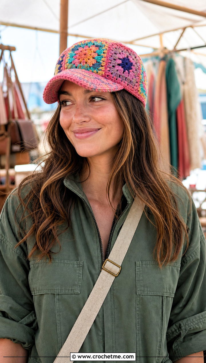 Granny Square Brimmed Crochet Beanie With Utility Jumpsuit - 15 Brimmed Crochet Beanie outfit ideas