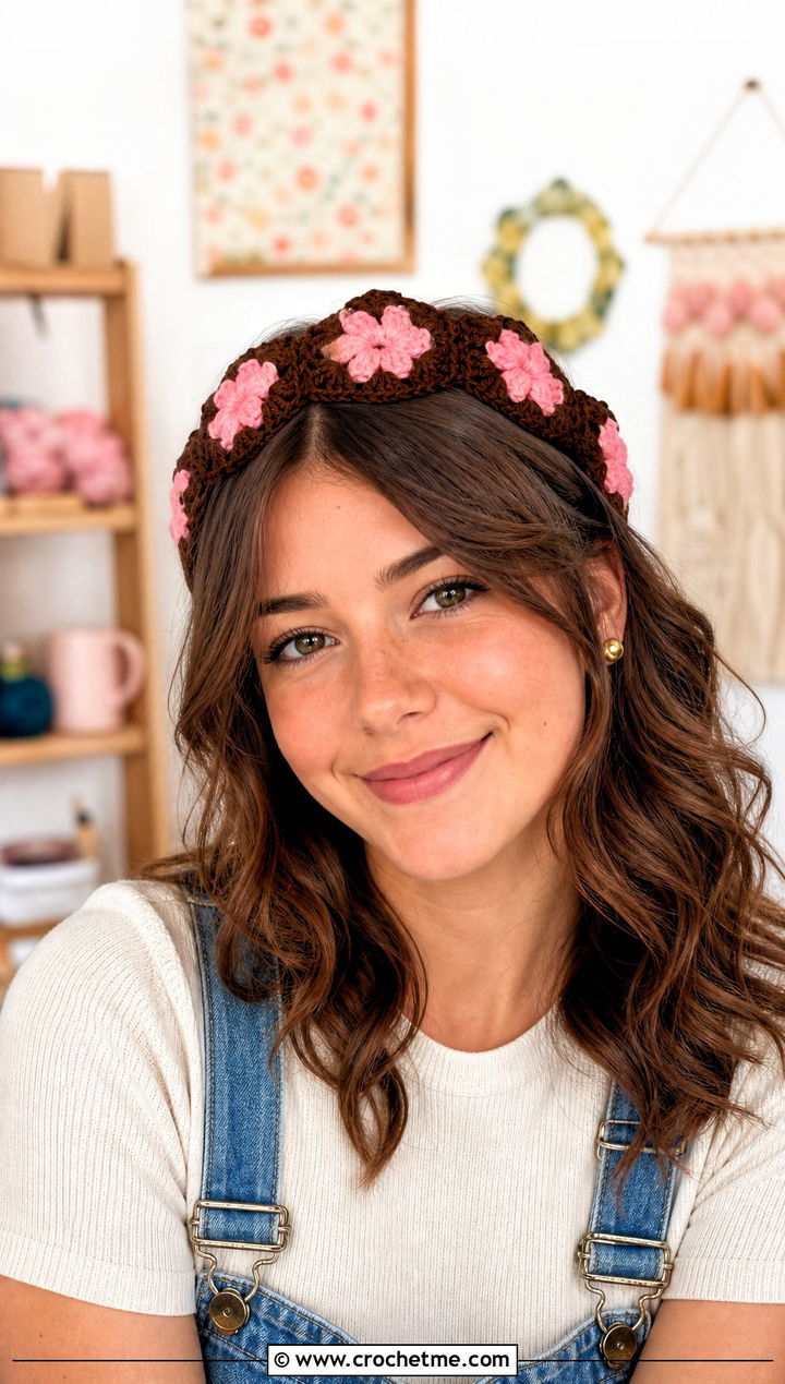 Granny Square Brown Crochet Blossom Headband With Overalls - 15 brown crochet headband with flower outfit ideas