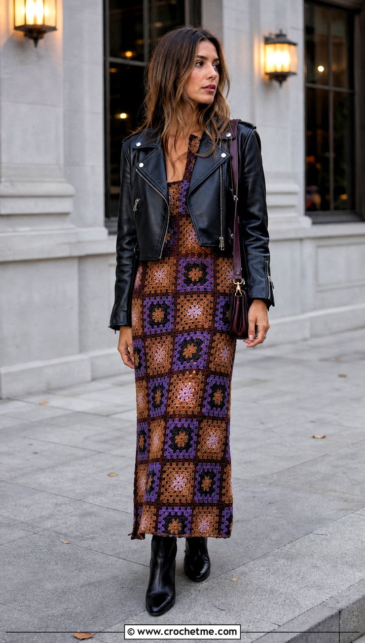 Granny Square Brown Crochet Maxi Dress With Leather Jacket - 20 brown crochet maxi dress outfit ideas