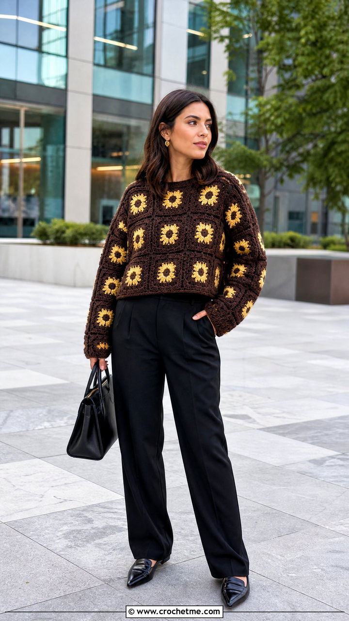 Granny Square Brown Crochet Sweater With Black Trousers - 35 crochet brown sweater outfit ideas