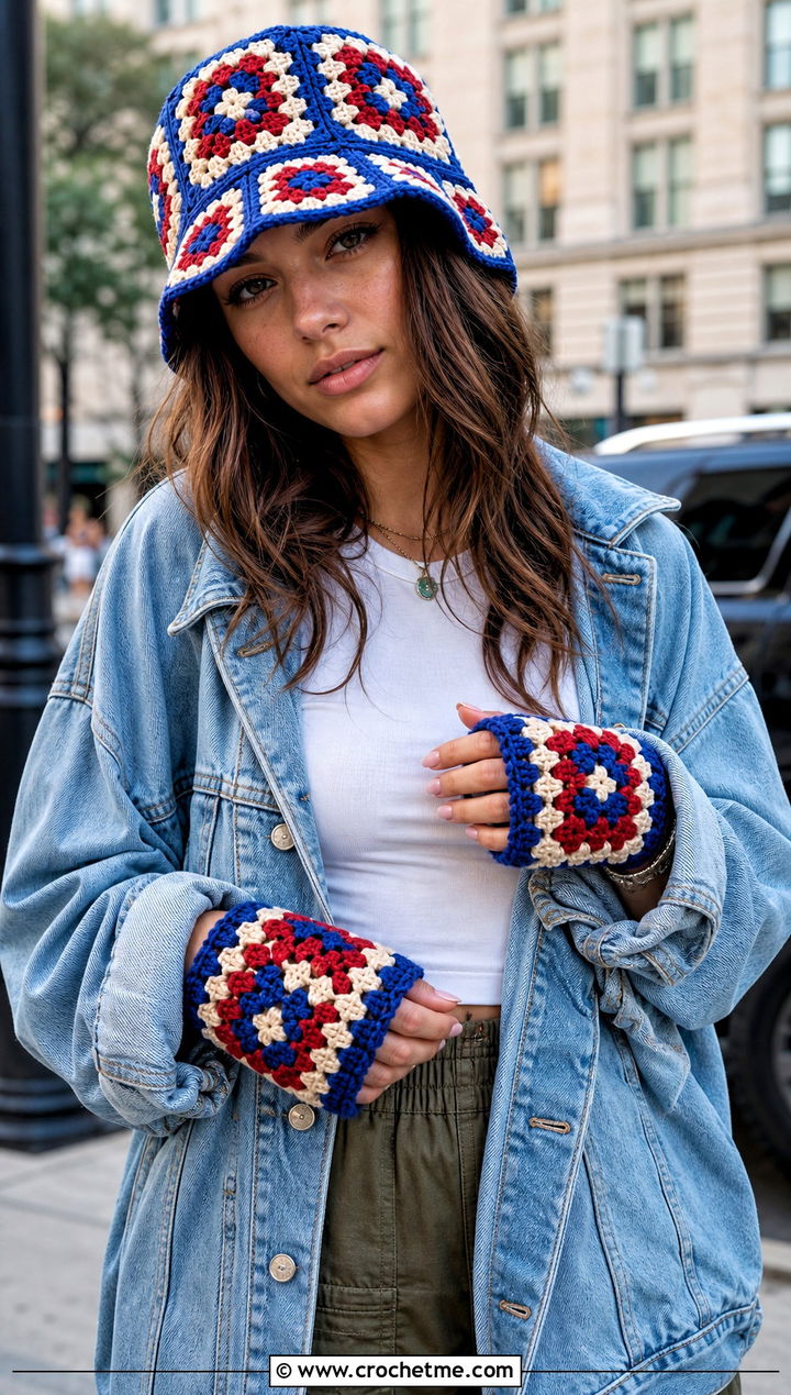 Granny Square Bucket Hat And Fingerless Gloves With Cargo Pants - 15 Crochet Hat With Hand Warmer outfit ideas