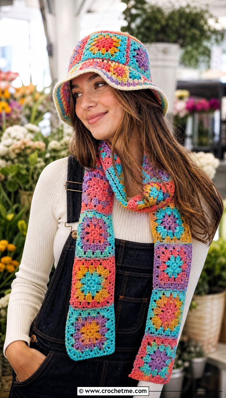 Granny Square Bucket Hat And Granny Square Scarf With Overalls - 30 crochet hat and scarf outfit ideas