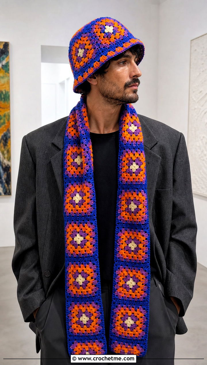 Granny Square Bucket Hat And Granny Square Scarf With Tailoring - 15 Mens Crochet Hat And Scarf outfit ideas