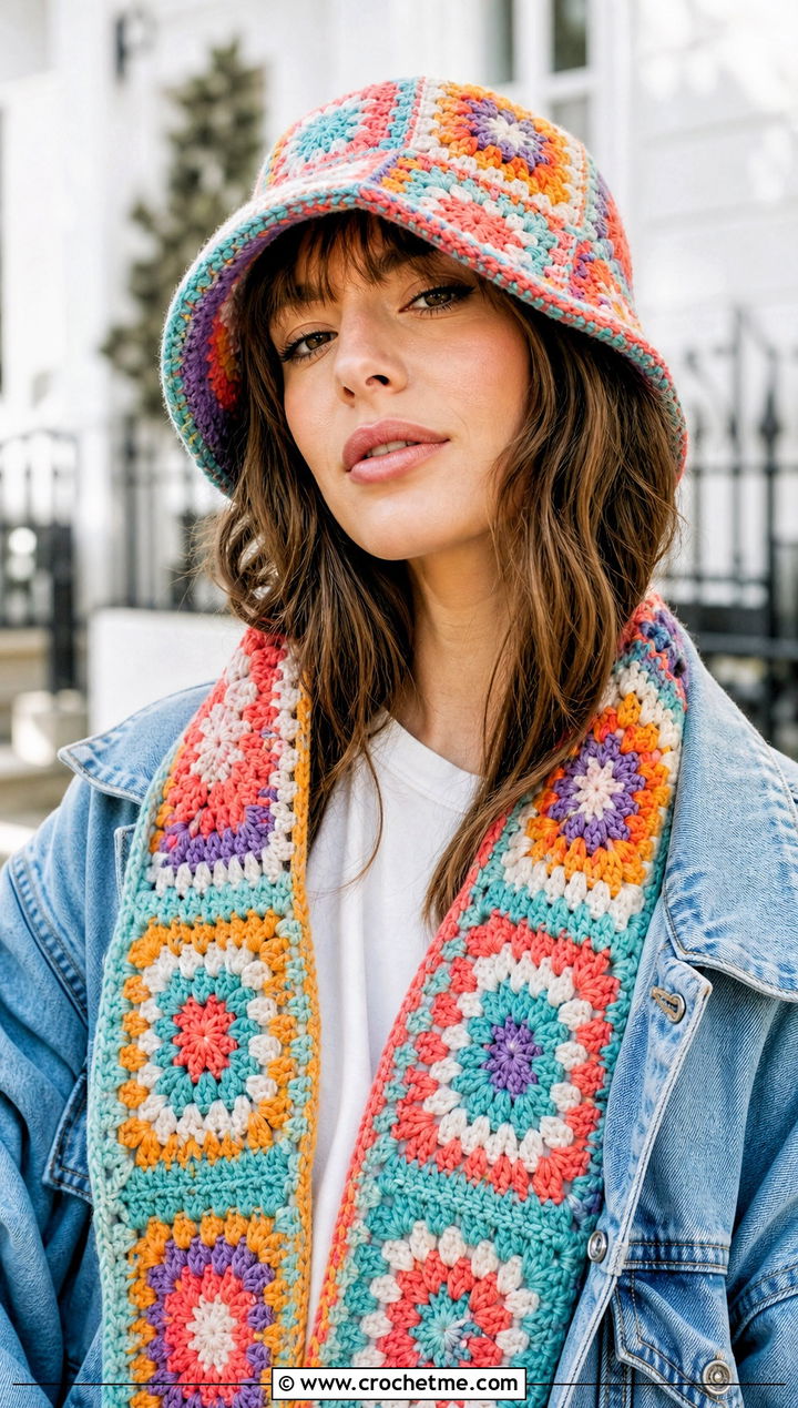Granny Square Bucket Hat And Scarf Set With Denim - 25 Crochet Scarf And Hat Set outfit ideas