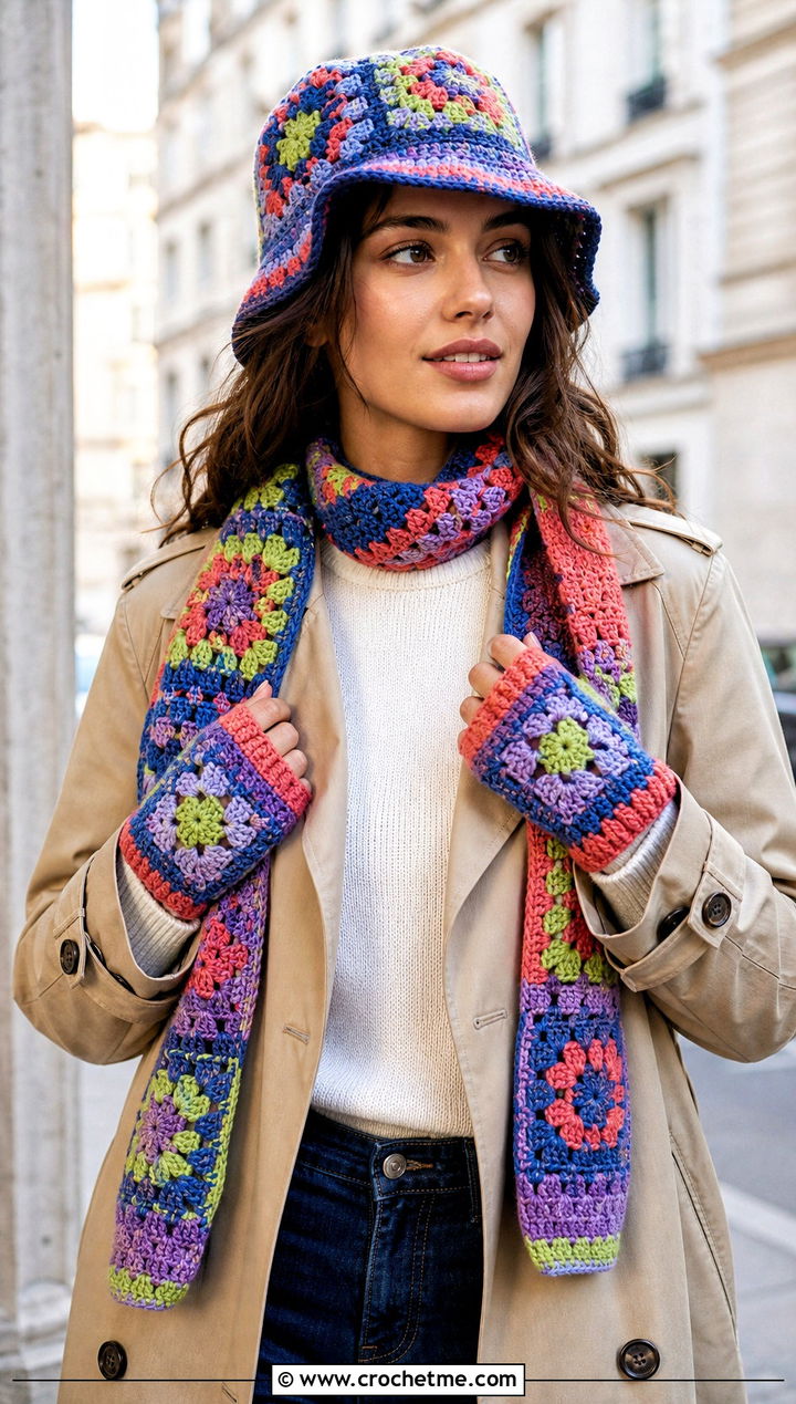 Granny Square Bucket Hat Patchwork Scarf And Gloves With Trench Coat - 25 crochet hat scarf gloves set outfit ideas