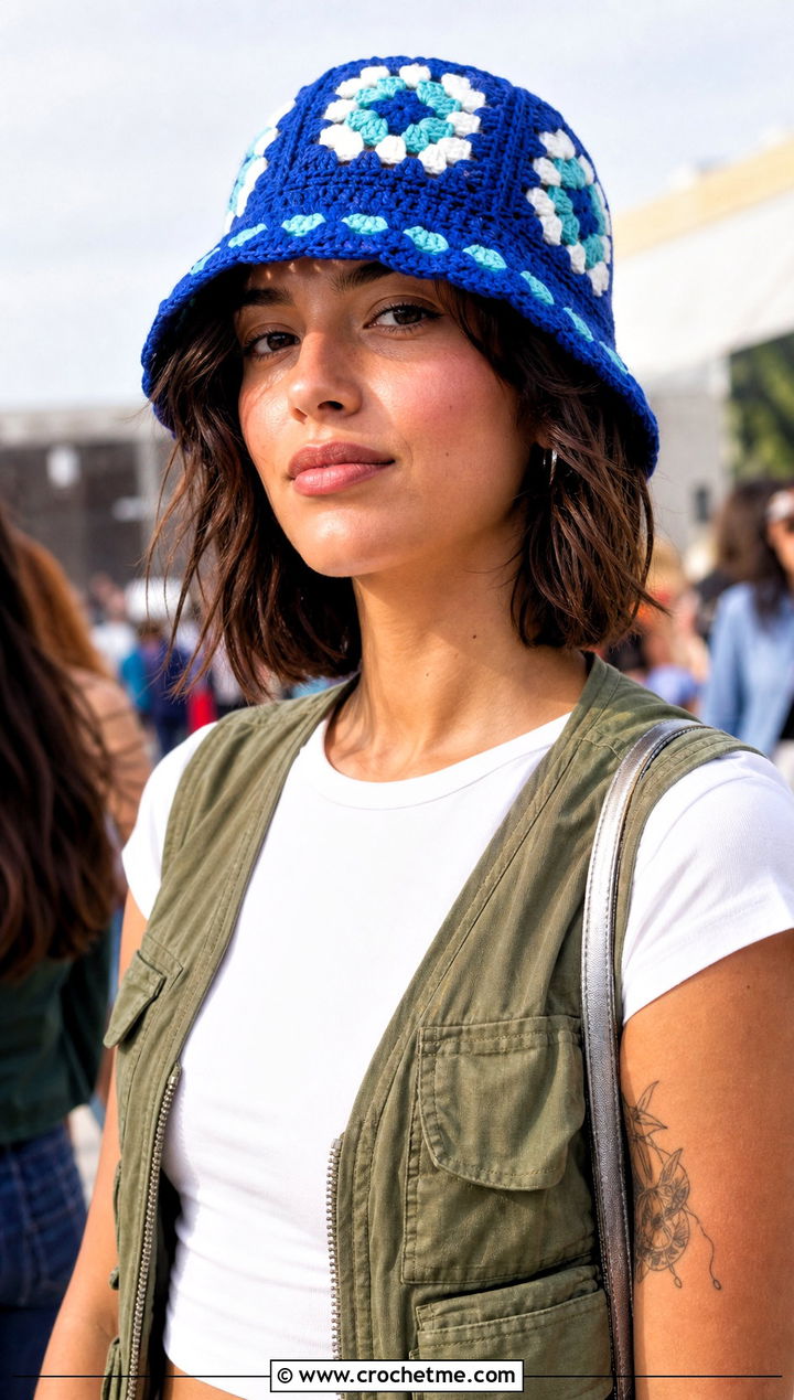 Granny Square Bucket Hat With Cargo Pants - 15 Ladies Crochet Summer Hats outfit ideas
