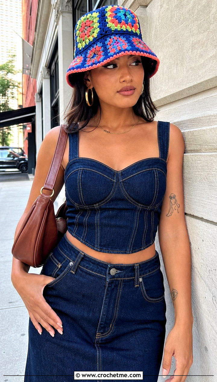 Granny Square Bucket Hat With Denim Corset Outfit - 25 Birthday Crochet Hat outfit ideas