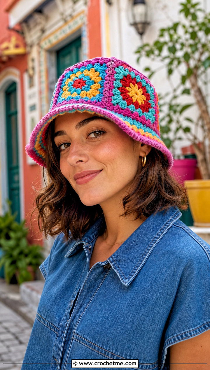 Granny Square Bucket Hat With Denim Dress - 25 one skein crochet hat outfit ideas