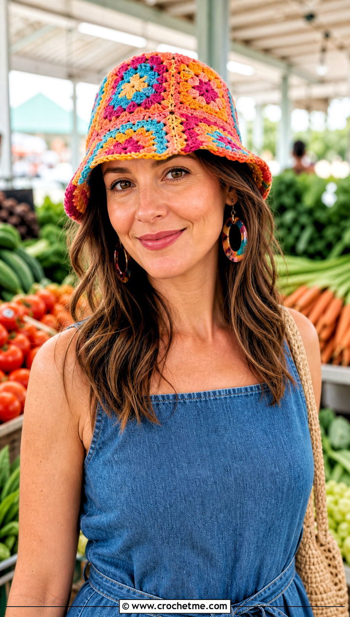 Granny Square Bucket Hat With Denim Dress - 25 easy simple crochet hats for beginners outfit ideas