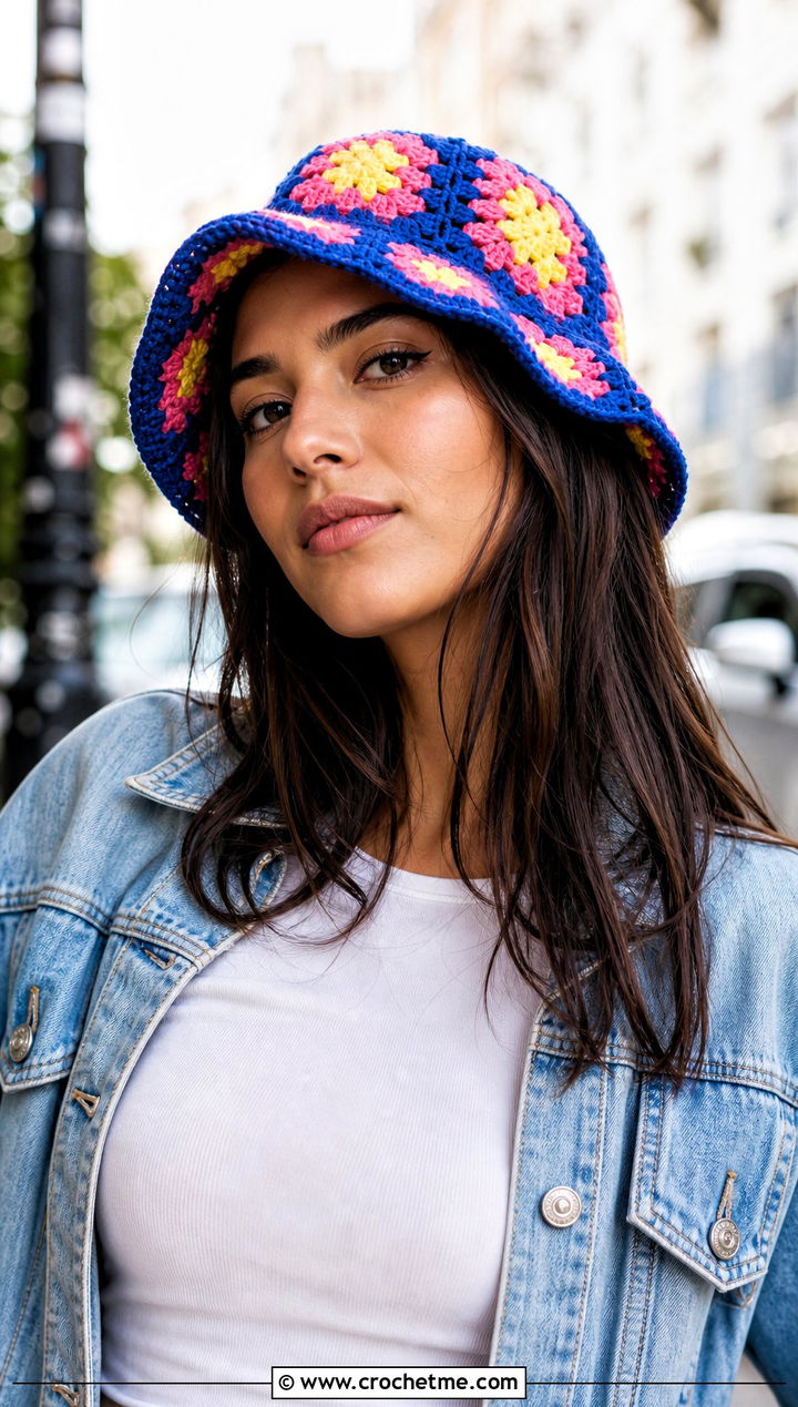 Granny Square Bucket Hat With Denim Jacket - 30 Crochet Womens Hat outfit ideas