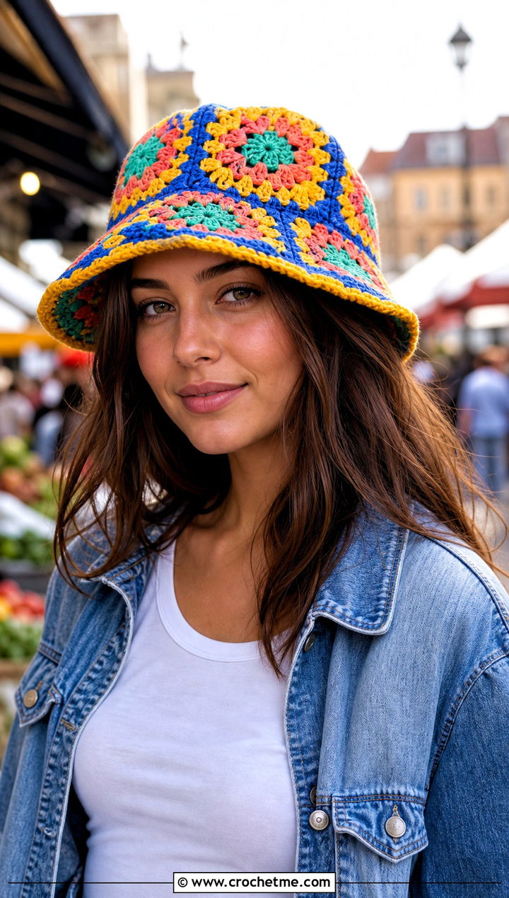 Granny Square Bucket Hat With Denim Jacket - 30 hats to crochet outfit ideas