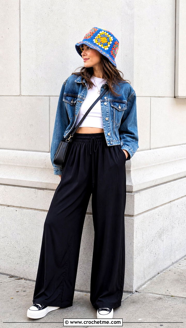 Granny Square Bucket Hat With Denim Jacket - 35 Crochet Hat Inspo outfit ideas