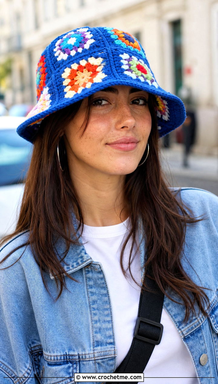 Granny Square Bucket Hat With Denim Jacket - 25 Easy Crochet Granny Square Hats outfit ideas