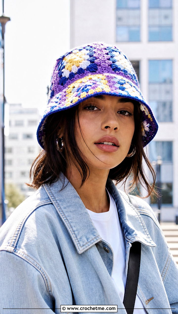 Granny Square Bucket Hat With Denim Jacket - 15 multi color crochet hat outfit ideas