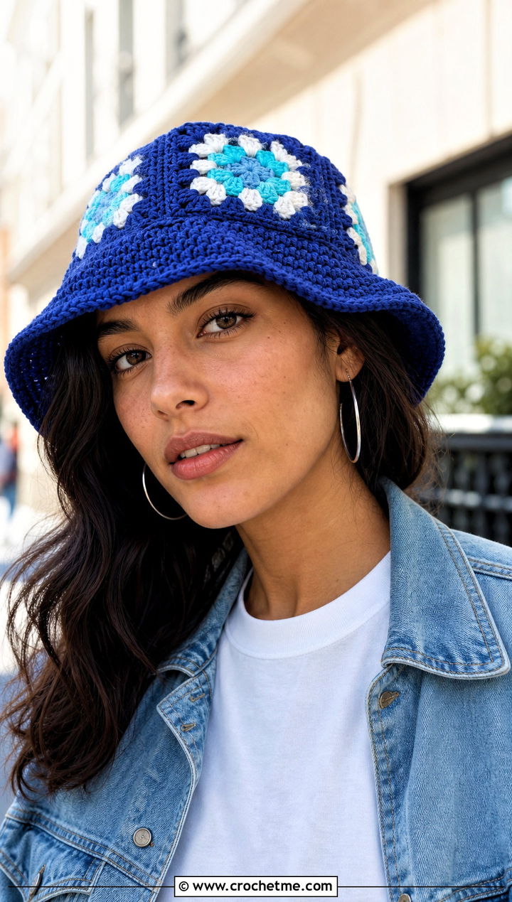 Granny Square Bucket Hat With Denim Jacket - 20 Granny Crochet Hat outfit ideas