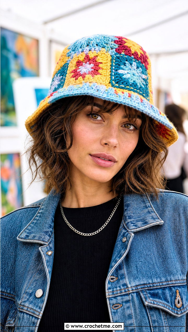Granny Square Bucket Hat With Denim Jacket Outfit - 25 Unisex Crochet Hat outfit ideas